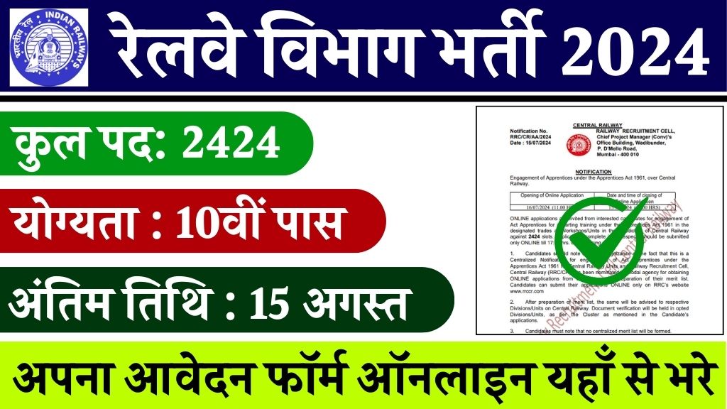 Railway Vacancy: रेलवे ने 2424 पदों पर 10वीं पास के लिए भर्ती का नोटिफिकेशन जारी किया , 10वीं में 50% वाले फॉर्म भर सकते हैं