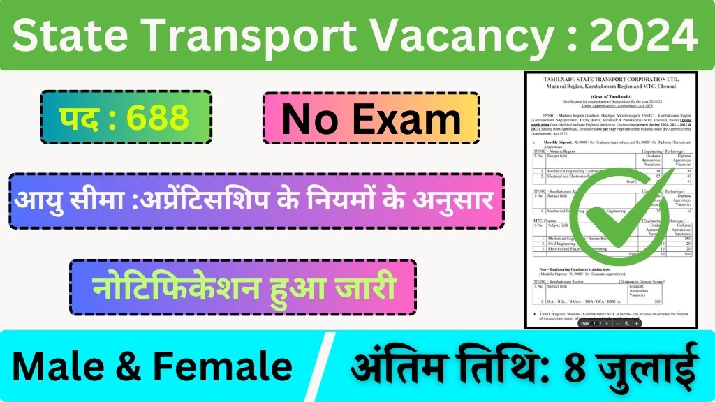 State Transport Vacancy: राज्य परिवहन निगम लिमिटेड में 688 पदों पर भर्ती का नोटिफिकेशन जारी