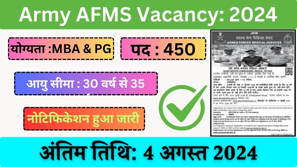 Army AFMS Vacancy: इंडियन आर्मी मेडिकल विभाग में 450 पदों भर्ती का नोटिफिकेशन जारी, सैलेरी 85000 प्रतिमाह