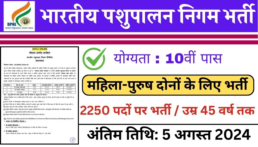 Bhartiya Pashupalan Nigam Vacancy: भारतीय पशुपालन निगम भर्ती का 10वीं पास के लिए 2250 पदों पर नोटिफिकेशन जारी