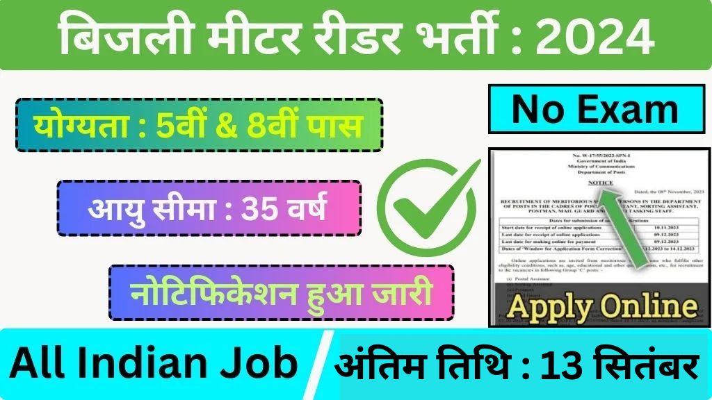 Meter Reader Vacancy : बिजली मीटर रीडर भर्ती का 5वीं पास के लिए 850 पदों पर नोटिफिकेशन जारी